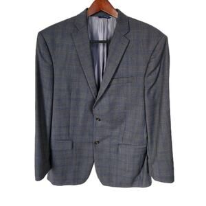 VTG 90s Ralph Lauren Blazer 44L Grey Blue Plaid 100% Wool Made in Canada Union